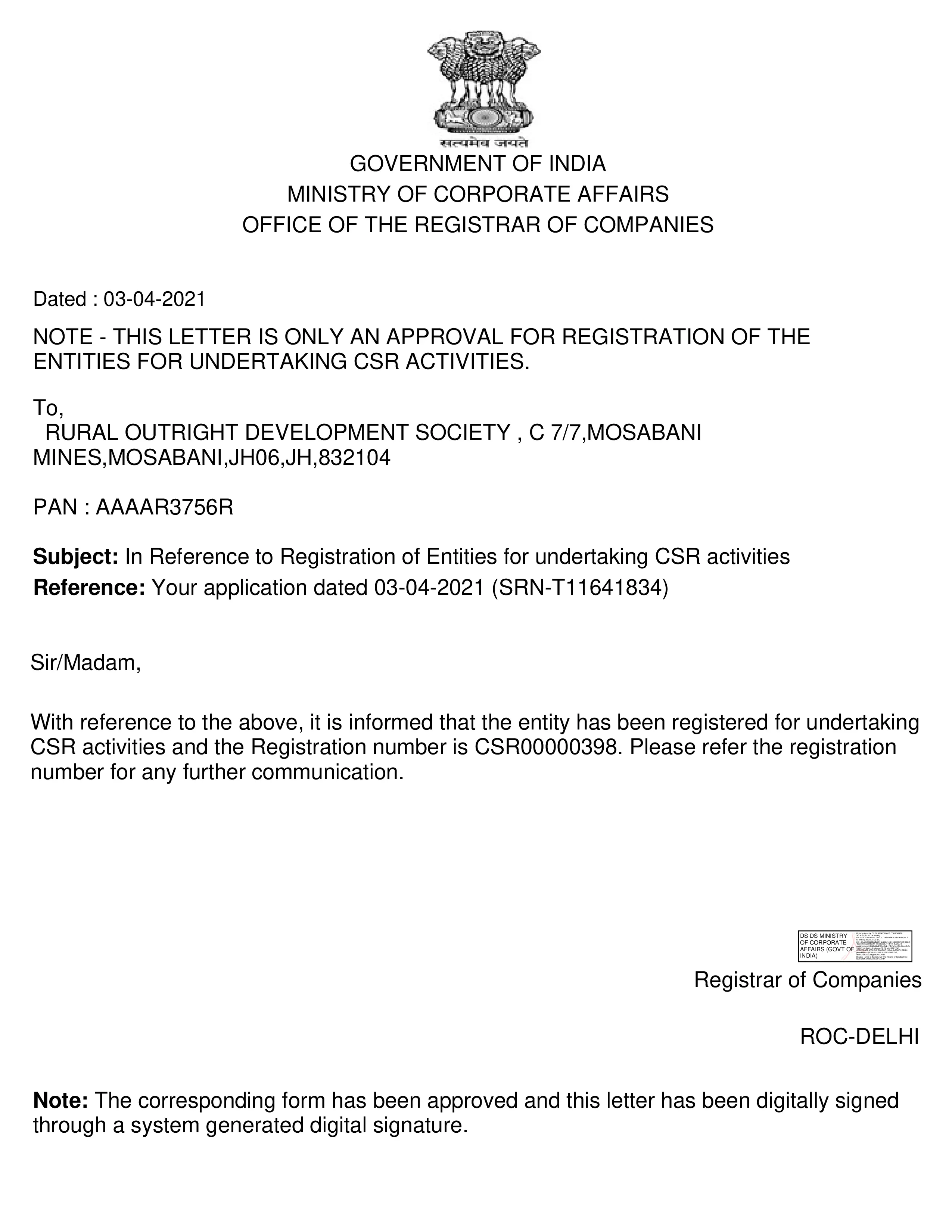 CSR Registration Certificate